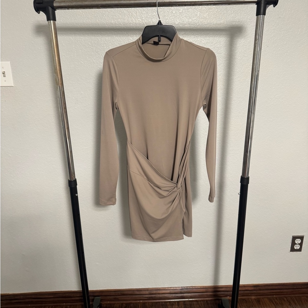 SHEIN Taupe Long Sleeve Mini Dress with Twist Detail